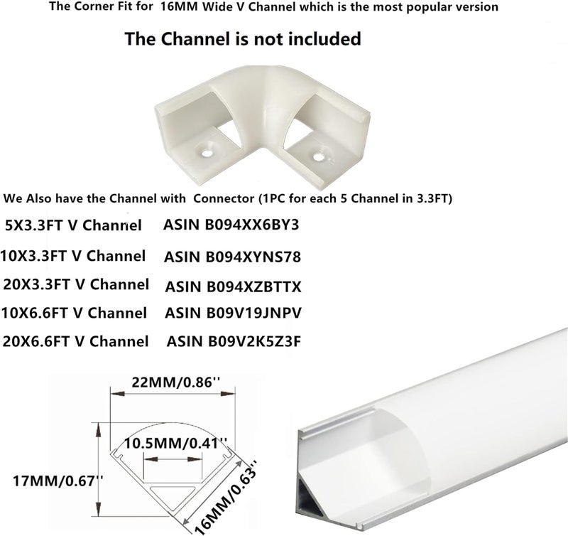 THMOOTHER 8-Pack 16MM Wide V Shape LED Strip Channel 90 Degree White Connector,Under Cabinet 45 Curved Cover profile Corner Kit,Inner Right Angle Turning link Solution With Mounting Kit (White) - Image 3